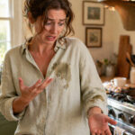 A woman in a cozy Sunday morning kitchen setting, wearing a relaxed natural linen shirt in a warm off-white or sage color. She has just noticed a large, visible grease splatter stain across her forearm and the front of the shirt. Her expression is a mix of dismay and frustration — eyes wide, one arm slightly raised. The kitchen behind her is warm and lived-in, with a cast iron skillet visible on the stove and soft natural light coming through a window. The stain itself is clearly visible on the fabric with a slightly dark, oily sheen
