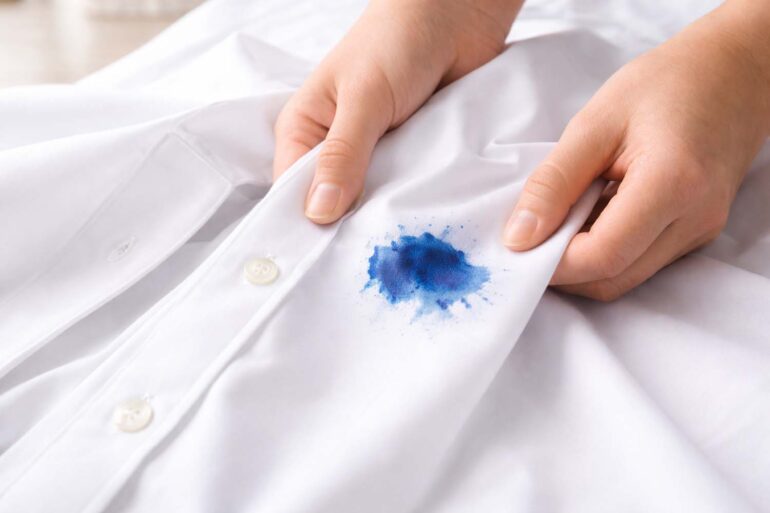 Close-up of two hands holding a crisp white button-down shirt, gently pulling the fabric taut to reveal a vivid blue ink stain near the front placket. The stain has a darker center with softer, feathered edges, suggesting it has soaked into the fabric. The background is softly blurred, with bright, natural light highlighting the texture of the cloth and the contrast between the clean white shirt and the stain.