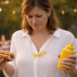 A woman in her late 30s at a summer backyard cookout, looking down at a bright yellow mustard splatter across the front of a white linen shirt with a mix of disbelief and resignation. She's holding a half-eaten hot dog in a bun in one hand, a mustard squeeze bottle in the other, the classic squeeze-too-hard moment written all over her face. Picnic table behind her with paper plates, condiments, and a cooler visible