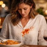 woman in her late 30s at a candlelit dinner table, looking down with a mix of surprise and resignation at a dark red spaghetti sauce splatter across the front of a white linen blouse. A bowl of spaghetti with a fork twirled in it sits in front of her, a glass of red wine to the side