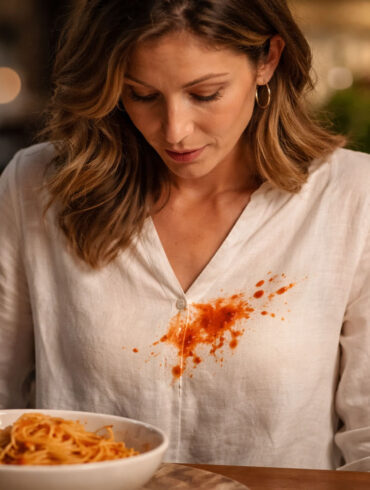 woman in her late 30s at a candlelit dinner table, looking down with a mix of surprise and resignation at a dark red spaghetti sauce splatter across the front of a white linen blouse. A bowl of spaghetti with a fork twirled in it sits in front of her, a glass of red wine to the side