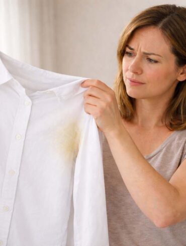 A woman standing in a bright, airy bedroom holding a white button-down shirt up to natural window light. She's examining the underarm area with a look of quiet dismay, one eyebrow slightly raised. The shirt shows a faint but visible yellowish discoloration at the armpit