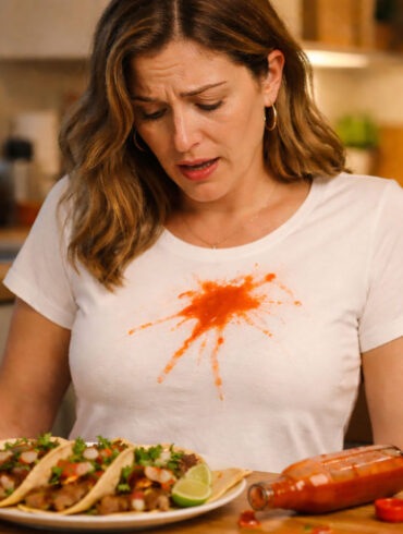 A woman in her late 30s at a casual kitchen table, looking down with a mix of surprise and resignation at a bright red hot sauce splatter across the front of a white cotton t-shirt. A half-eaten plate of tacos sits in front of her, a bottle of hot sauce tipped on its side next to the plate. the sauce bottle clearly the culprit.