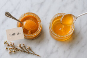 Overhead view of two small glass jars of honey on a pale marble surface. The left jar, labeled “UMF 15+,” contains thick, amber-colored honey with a smooth, glossy texture; a spoon lifts a rounded scoop with a slow drip falling back into the jar. The right jar holds a lighter, more translucent honey with a thinner consistency, also shown dripping from a spoon. A small sprig of delicate white flowers rests nearby, adding a soft decorative touch.