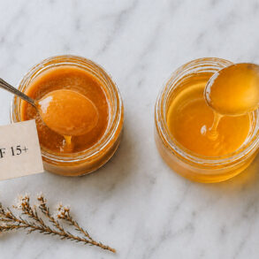Overhead view of two small glass jars of honey on a pale marble surface. The left jar, labeled “UMF 15+,” contains thick, amber-colored honey with a smooth, glossy texture; a spoon lifts a rounded scoop with a slow drip falling back into the jar. The right jar holds a lighter, more translucent honey with a thinner consistency, also shown dripping from a spoon. A small sprig of delicate white flowers rests nearby, adding a soft decorative touch.