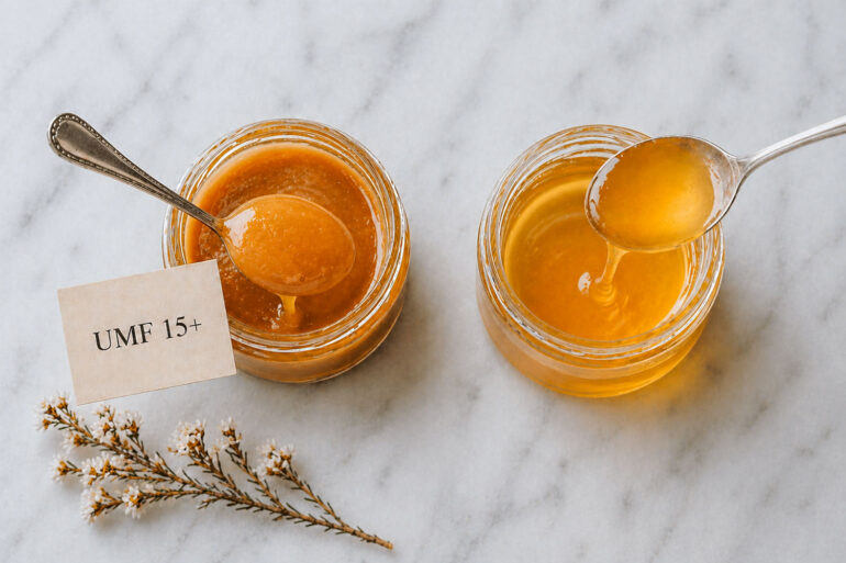Overhead view of two small glass jars of honey on a pale marble surface. The left jar, labeled “UMF 15+,” contains thick, amber-colored honey with a smooth, glossy texture; a spoon lifts a rounded scoop with a slow drip falling back into the jar. The right jar holds a lighter, more translucent honey with a thinner consistency, also shown dripping from a spoon. A small sprig of delicate white flowers rests nearby, adding a soft decorative touch.