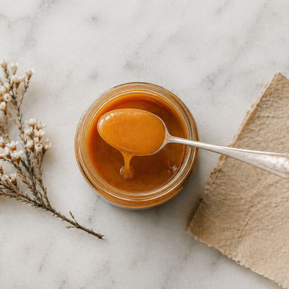 Overhead flat lay on honed white marble. A single open jar of very manuka honey centered in frame. A silver spoon rests across the jar with a slow honey drip. Beside it, a small dried manuka flower sprig and a folded piece of natural parchment.