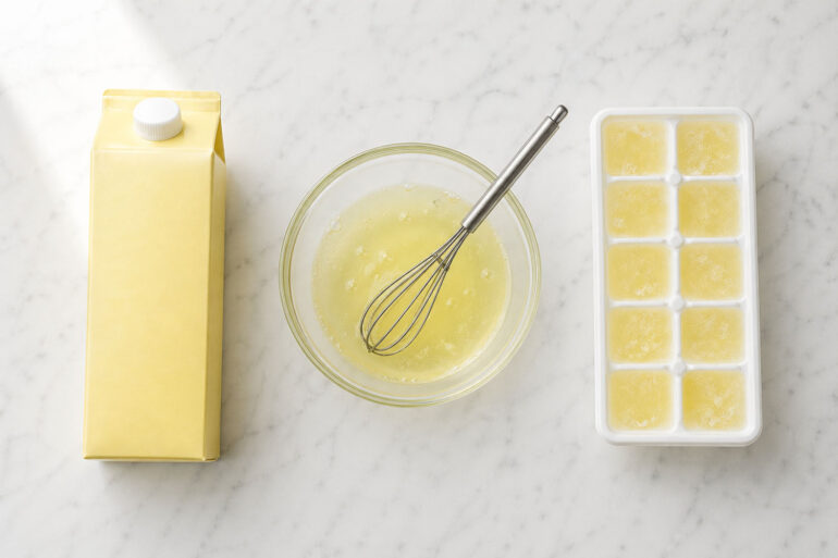 Clean flat lay on white marble. Center: a glass bowl of clear egg whites with a small whisk. Left: a sealed carton of liquid egg whites. Right: an ice cube tray with frozen egg white portions.