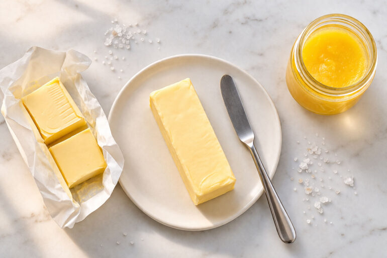 one unwrapped stick of butter on a small white ceramic plate, a clean butter knife resting beside it. Left: a halved stick still in its gold foil wrapper showing the date stamp end. Right: a small glass jar of golden ghee with the lid off.