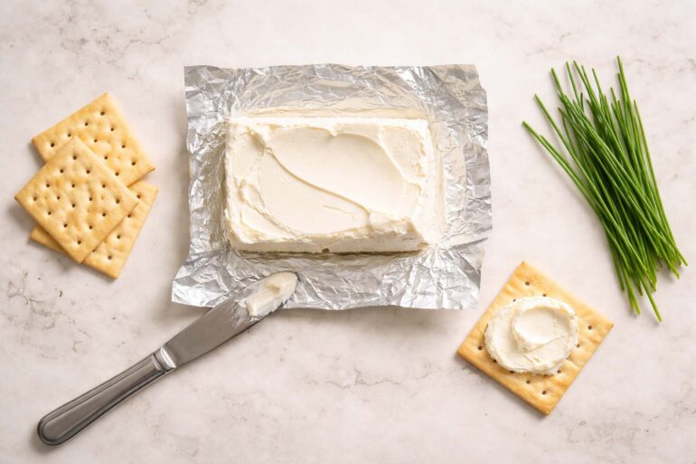 an open block of cream cheese with a small amount spread on a cracker beside it, a clean spreading knife resting nearby. Left: two or three plain crackers. Right: a small bunch of fresh chives.