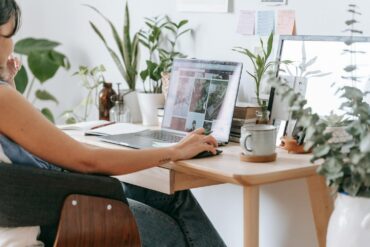 a woman working from home with high speed internet and coffee