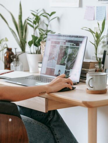 a woman working from home with high speed internet and coffee