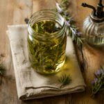 Overhead flat lay photograph on a warm weathered wood surface. A clear glass mason jar filled with golden-green rosemary water sits at center. Three or four fresh rosemary sprigs are arranged loosely around the jar, some with small purple flowers. A small vintage-style spray bottle sits nearby