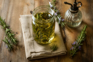 Overhead flat lay photograph on a warm weathered wood surface. A clear glass mason jar filled with golden-green rosemary water sits at center. Three or four fresh rosemary sprigs are arranged loosely around the jar, some with small purple flowers. A small vintage-style spray bottle sits nearby