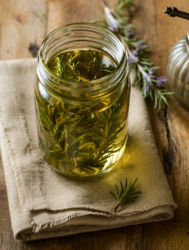 Overhead flat lay photograph on a warm weathered wood surface. A clear glass mason jar filled with golden-green rosemary water sits at center. Three or four fresh rosemary sprigs are arranged loosely around the jar, some with small purple flowers. A small vintage-style spray bottle sits nearby