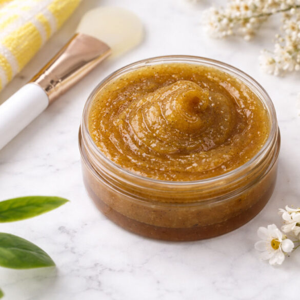 Overhead photo of a small glass jar filled with manuka honey swirled into a soft peak. The jar sits on a white marble surface. Surrounding it are a folded yellow-and-white striped towel, a white-handled cosmetic spatula with a gold ferrule, small white flowers, and a few green leaves. Soft natural light creates gentle shadows, giving the scene a clean, spa-like feel.