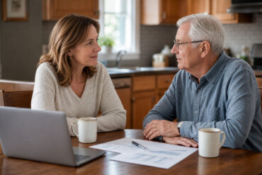 A warm, candid photo of an adult child sitting at a kitchen table with an older parent, documents and a laptop open between them