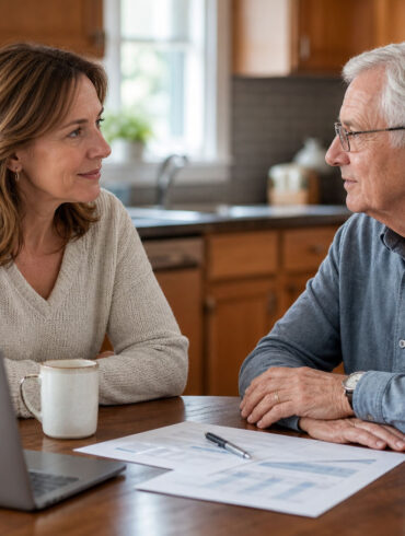 A warm, candid photo of an adult child sitting at a kitchen table with an older parent, documents and a laptop open between them