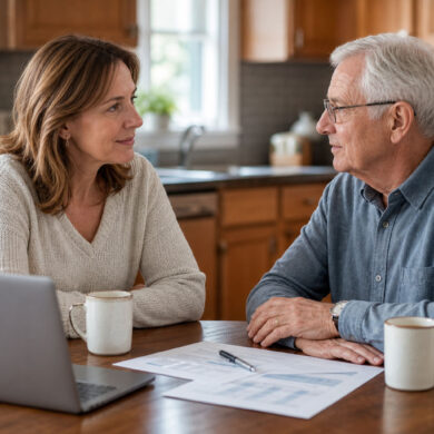 A warm, candid photo of an adult child sitting at a kitchen table with an older parent, documents and a laptop open between them