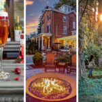 A triptych feature image for Brampton 1860 spring: on the left, a sparkling cranberry Poinsettia cocktail in a tall champagne flute with fresh cranberries scattered on a metal bar surface beside a Champagne Pannier bottle; in the center, the Brampton 1860 firepit burning at dusk with Adirondack chairs and the illuminated red brick historic manor house glowing against a dramatic orange and purple sunset sky; on the right, a woman in a plaid jacket standing between two large ancient cedar trees on the Brampton woodland trail, facing a burst of golden sunset light breaking through the canopy overhead with ivy and clover covering the forest floor below