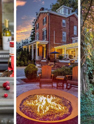 A triptych feature image for Brampton 1860 spring: on the left, a sparkling cranberry Poinsettia cocktail in a tall champagne flute with fresh cranberries scattered on a metal bar surface beside a Champagne Pannier bottle; in the center, the Brampton 1860 firepit burning at dusk with Adirondack chairs and the illuminated red brick historic manor house glowing against a dramatic orange and purple sunset sky; on the right, a woman in a plaid jacket standing between two large ancient cedar trees on the Brampton woodland trail, facing a burst of golden sunset light breaking through the canopy overhead with ivy and clover covering the forest floor below