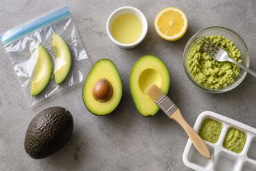 Overhead flat lay of avocado freezing prep on a light gray surface: two avocado halves in the center (one with pit, one brushed with lemon juice), a small ramekin of lemon juice and a halved lemon above, avocado slices inside an open zip-top bag on the left, a whole avocado at bottom left, a bowl of mashed avocado with a fork on the right, and an ice cube tray with green puree at bottom right, all evenly lit with soft natural light.