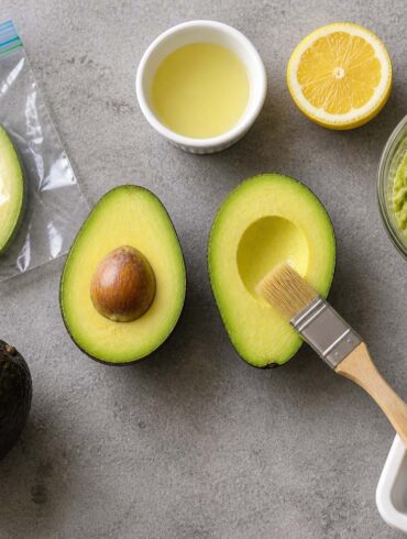 Overhead flat lay of avocado freezing prep on a light gray surface: two avocado halves in the center (one with pit, one brushed with lemon juice), a small ramekin of lemon juice and a halved lemon above, avocado slices inside an open zip-top bag on the left, a whole avocado at bottom left, a bowl of mashed avocado with a fork on the right, and an ice cube tray with green puree at bottom right, all evenly lit with soft natural light.