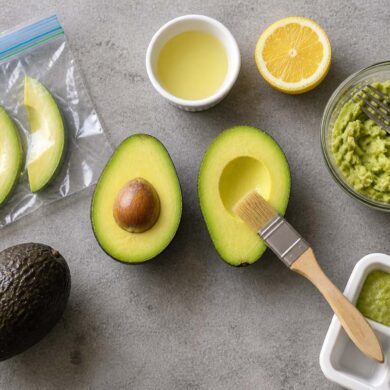 Overhead flat lay of avocado freezing prep on a light gray surface: two avocado halves in the center (one with pit, one brushed with lemon juice), a small ramekin of lemon juice and a halved lemon above, avocado slices inside an open zip-top bag on the left, a whole avocado at bottom left, a bowl of mashed avocado with a fork on the right, and an ice cube tray with green puree at bottom right, all evenly lit with soft natural light.
