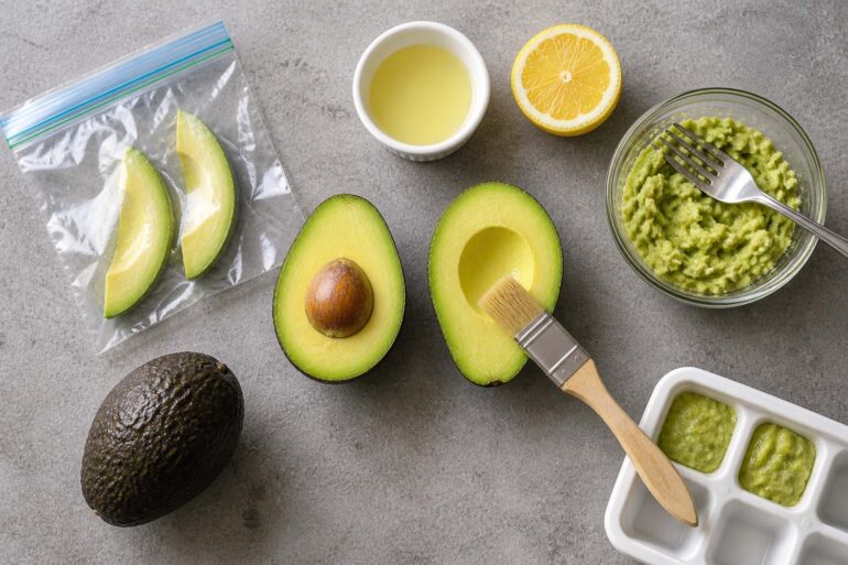 Overhead flat lay of avocado freezing prep on a light gray surface: two avocado halves in the center (one with pit, one brushed with lemon juice), a small ramekin of lemon juice and a halved lemon above, avocado slices inside an open zip-top bag on the left, a whole avocado at bottom left, a bowl of mashed avocado with a fork on the right, and an ice cube tray with green puree at bottom right, all evenly lit with soft natural light.