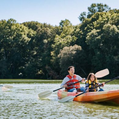 a family rafting in Central Delaware