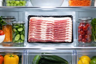 a sealed package of raw bacon sitting upright on a middle refrigerator interior shelf