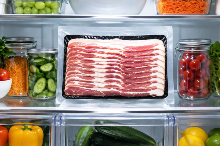 a sealed package of raw bacon sitting upright on a middle refrigerator interior shelf