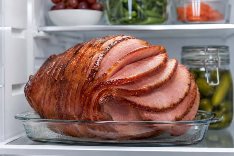 a sliced spiral ham on the shelf of an open fridge