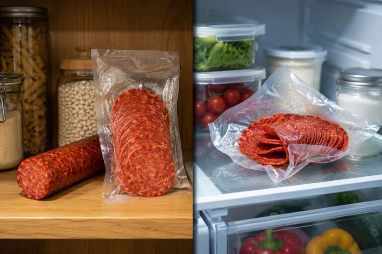 Split-scene composition, landscape orientation. Left half: a whole pepperoni stick and a vacuum-sealed bag of sliced pepperoni sitting on a wood pantry shelf, slightly warm ambient light, a few dry goods visible softly out of focus in the background. Right half: an open bag of sliced pepperoni on a refrigerator interior shelf