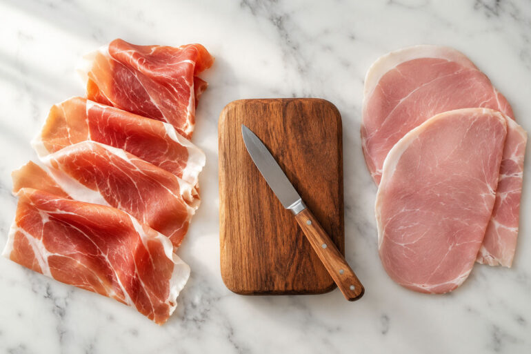 Overhead flat lay on a white marble surface. Left side: three or four paper-thin slices of prosciutto crudo draped loosely, showing the translucent ruby-red meat and white fat ribbons. Right side: two or three thicker, pale pink slices of prosciutto cotto laid flat for contrast. Center: a small wooden board with a knife resting at an angle.