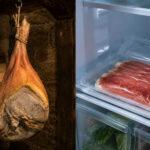 Split-scene landscape composition. Left half: a whole bone-in prosciutto leg hanging from a hook in a cool stone or wood-paneled pantry, warm ambient light, slightly rustic feel suggesting a cellar or specialty shop. Right half: an open package of thinly sliced prosciutto crudo on a refrigerator interior shelf