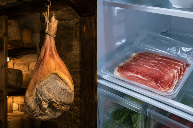 Split-scene landscape composition. Left half: a whole bone-in prosciutto leg hanging from a hook in a cool stone or wood-paneled pantry, warm ambient light, slightly rustic feel suggesting a cellar or specialty shop. Right half: an open package of thinly sliced prosciutto crudo on a refrigerator interior shelf