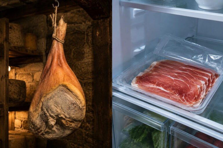 Split-scene landscape composition. Left half: a whole bone-in prosciutto leg hanging from a hook in a cool stone or wood-paneled pantry, warm ambient light, slightly rustic feel suggesting a cellar or specialty shop. Right half: an open package of thinly sliced prosciutto crudo on a refrigerator interior shelf