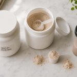 Overhead flat lay on a white marble surface. Left side: a sealed tub of protein powder with a best-by date label visible. Center: an open tub with a dry scoop resting inside, lid beside it. Right side: a shaker bottle with a small amount of mixed protein shake. A few loose scoops of powder scattered naturally near the open tub