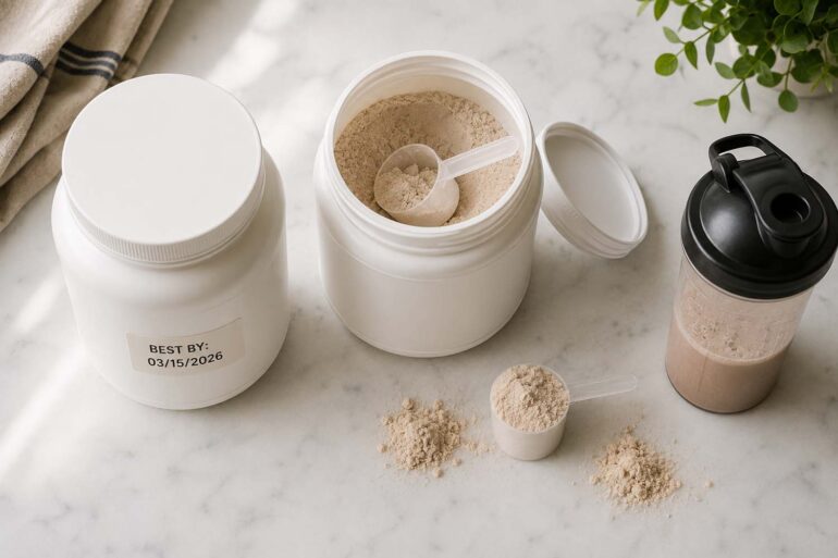 Overhead flat lay on a white marble surface. Left side: a sealed tub of protein powder with a best-by date label visible. Center: an open tub with a dry scoop resting inside, lid beside it. Right side: a shaker bottle with a small amount of mixed protein shake. A few loose scoops of powder scattered naturally near the open tub
