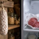 Split-scene landscape composition. Left half: a whole dry-cured salami hanging from a hook on a rustic pantry wall or wooden peg, warm ambient light, slightly soft focus on dry goods in the background. Right half: an open package of sliced salami on a refrigerator interior shelf