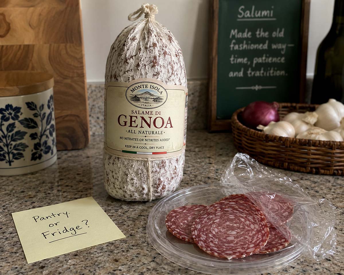 Sliced ​​salami and a whole salami on a counter 
