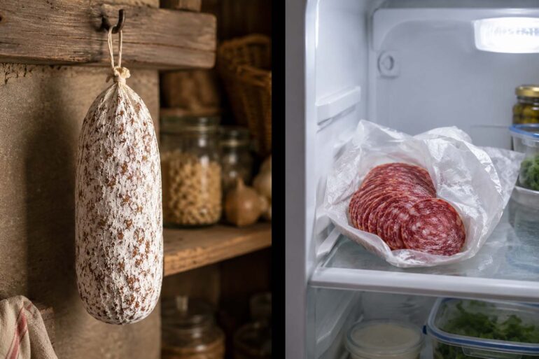Split-scene landscape composition. Left half: a whole dry-cured salami hanging from a hook on a rustic pantry wall or wooden peg, warm ambient light, slightly soft focus on dry goods in the background. Right half: an open package of sliced salami on a refrigerator interior shelf