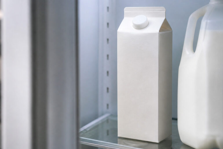 Carton of half and half on a refrigerator shelf, upright and sealed. Cool fridge interior light. Partial view of a milk jug alongside it. Door slightly open