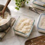 a big pot of cooked rice with 2 containers of rice ready for the fridge