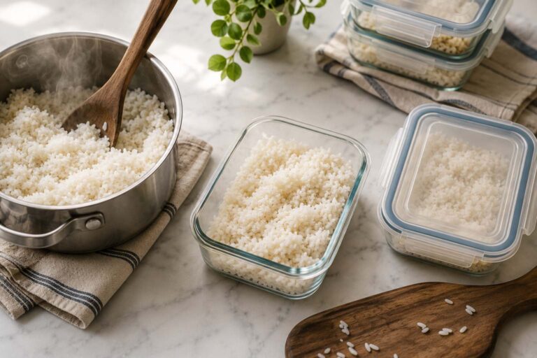 a big pot of cooked rice with 2 containers of rice ready for the fridge