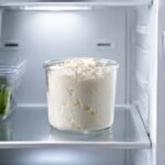 an open refrigerator interior. A clear jar of ricotta sits upright on the middle interior shelf, centered in frame. Cool blue-white fridge light. Clean, uncluttered shelves