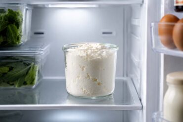 an open refrigerator interior. A clear jar of ricotta sits upright on the middle interior shelf, centered in frame. Cool blue-white fridge light. Clean, uncluttered shelves