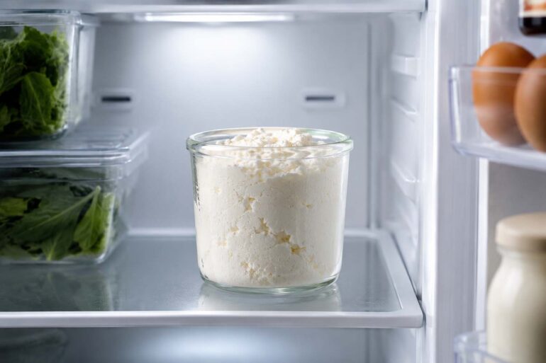 an open refrigerator interior. A clear jar of ricotta sits upright on the middle interior shelf, centered in frame. Cool blue-white fridge light. Clean, uncluttered shelves