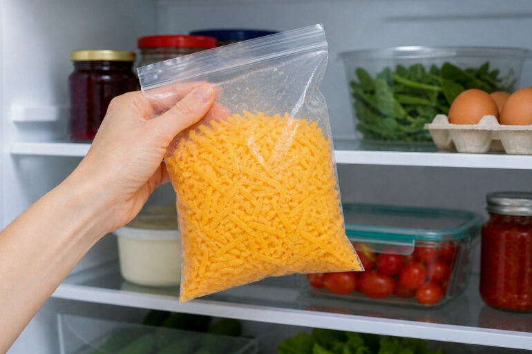 someone taking a plastic bag of shredded cheese from the fridge